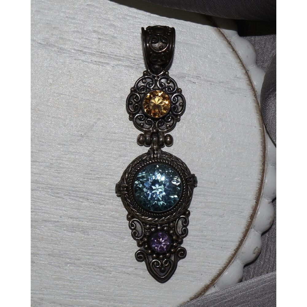 BA Sterling Citrine,Amethyst & Topaz Pendant 14.60G / 2.6in
